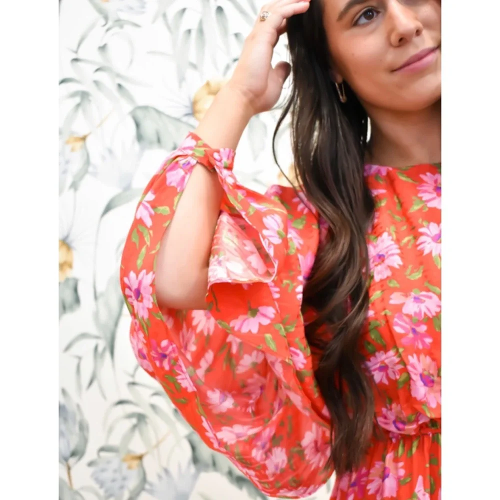 LoveShackFancy Red Hand Painted Floral Mini Dress NWT Large - Picture 15 of 16